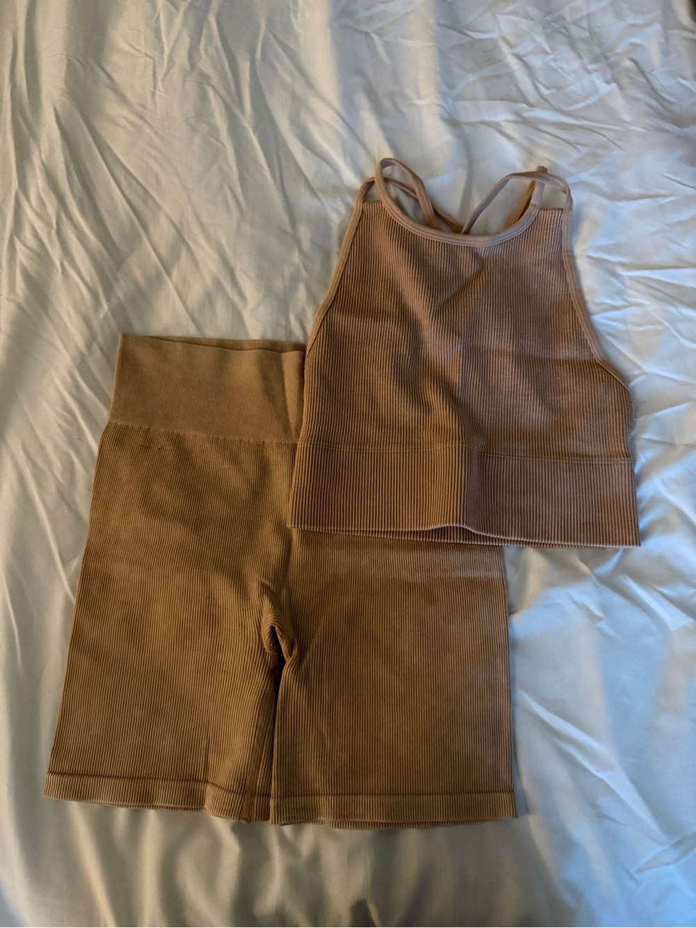 Gilly Hicks Ribbed High-Rise Biker Shorts & Cropped Tank - Tan